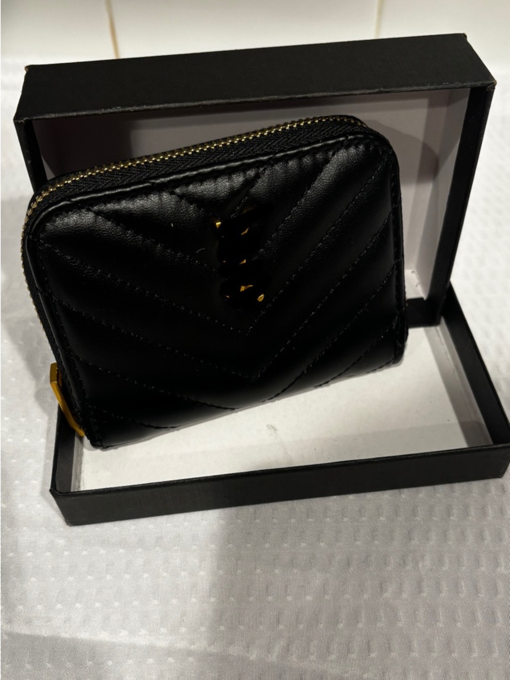 Black Quilted Zip Wallet with Gold Accent